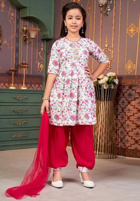 Pink Printed Crepe Kurta Set For Girls