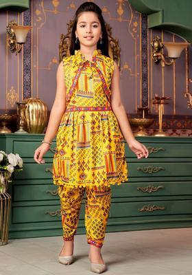 Yellow Printed Crepe Kurta Set For Girls