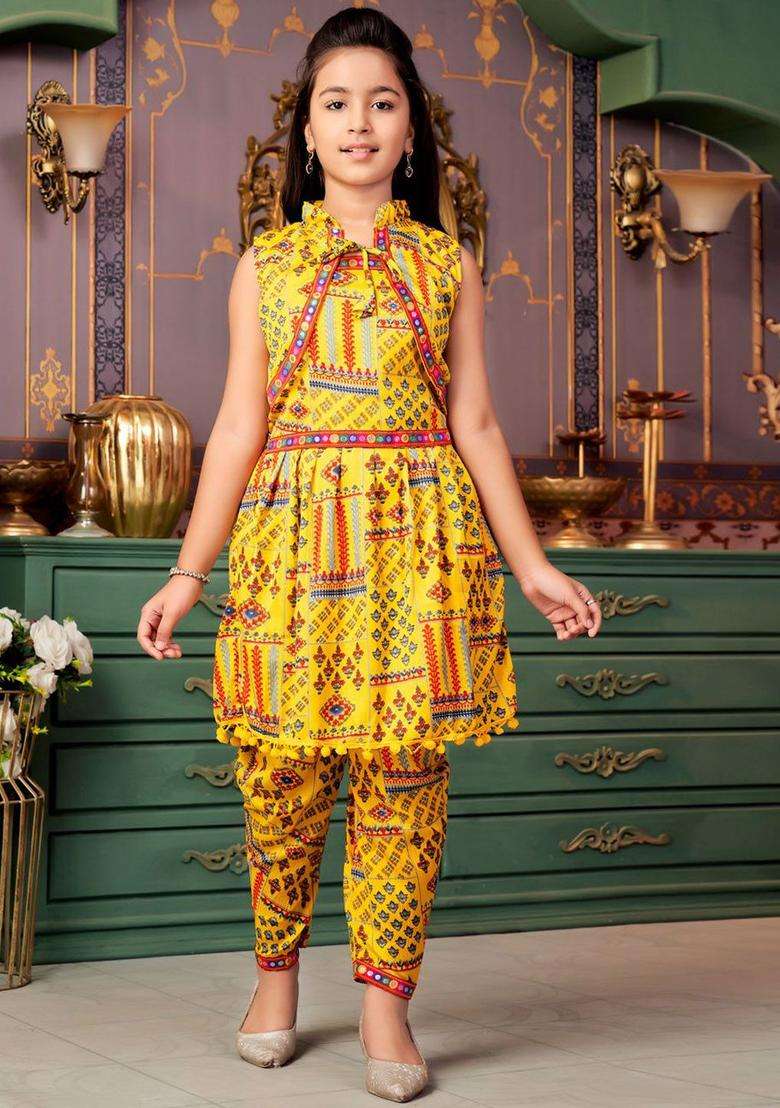 Yellow Printed Crepe Kurta Set For Girls - Indya