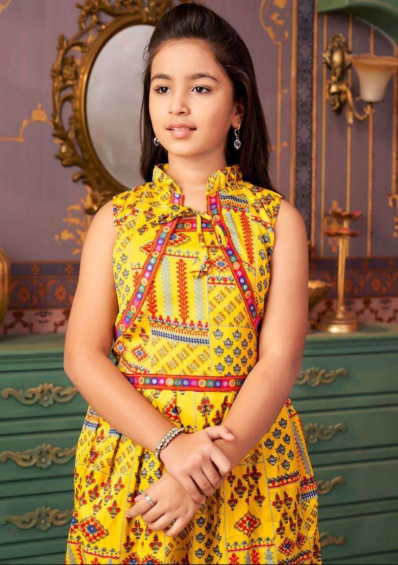 Yellow Printed Crepe Kurta Set For Girls - Indya