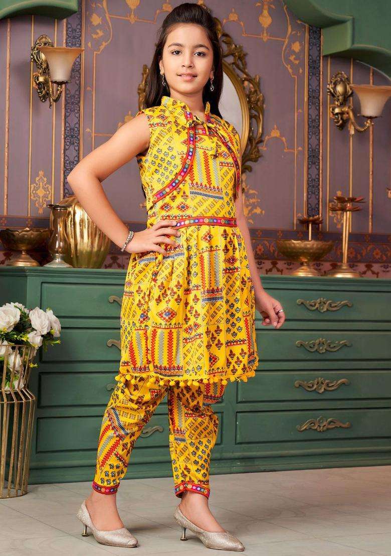 Yellow Printed Crepe Kurta Set For Girls - Indya