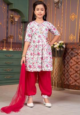 Pink Printed Crepe Kurta Set For Girls