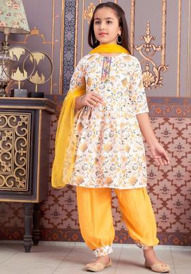 Yellow Printed Crepe Kurta Set For Girls