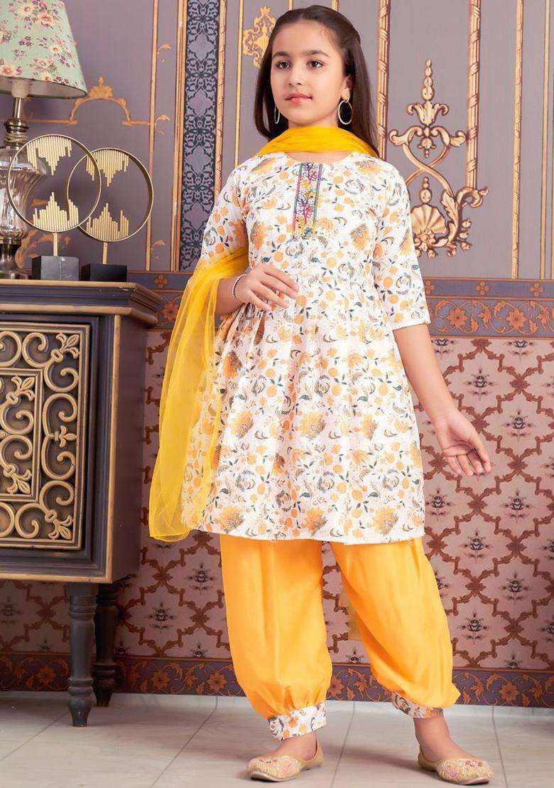 Yellow Printed Crepe Kurta Set For Girls - Indya