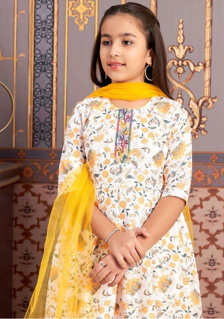 Yellow Printed Crepe Kurta Set For Girls - Indya