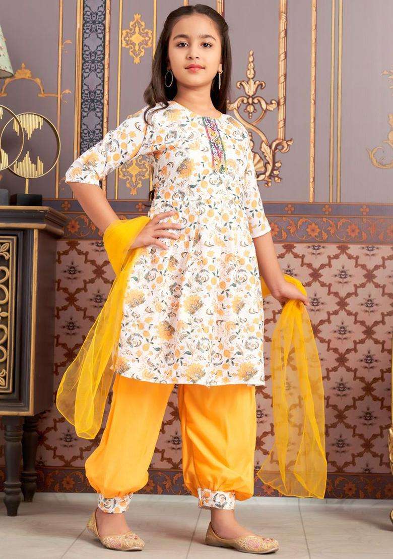 Yellow Printed Crepe Kurta Set For Girls - Indya