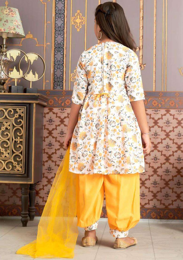 Yellow Printed Crepe Kurta Set For Girls - Indya