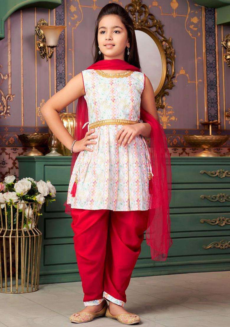 White Woven Design Crepe Kurta Set For Girls - Indya