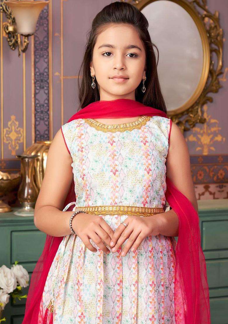 White Woven Design Crepe Kurta Set For Girls - Indya
