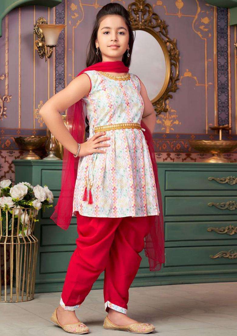 White Woven Design Crepe Kurta Set For Girls - Indya