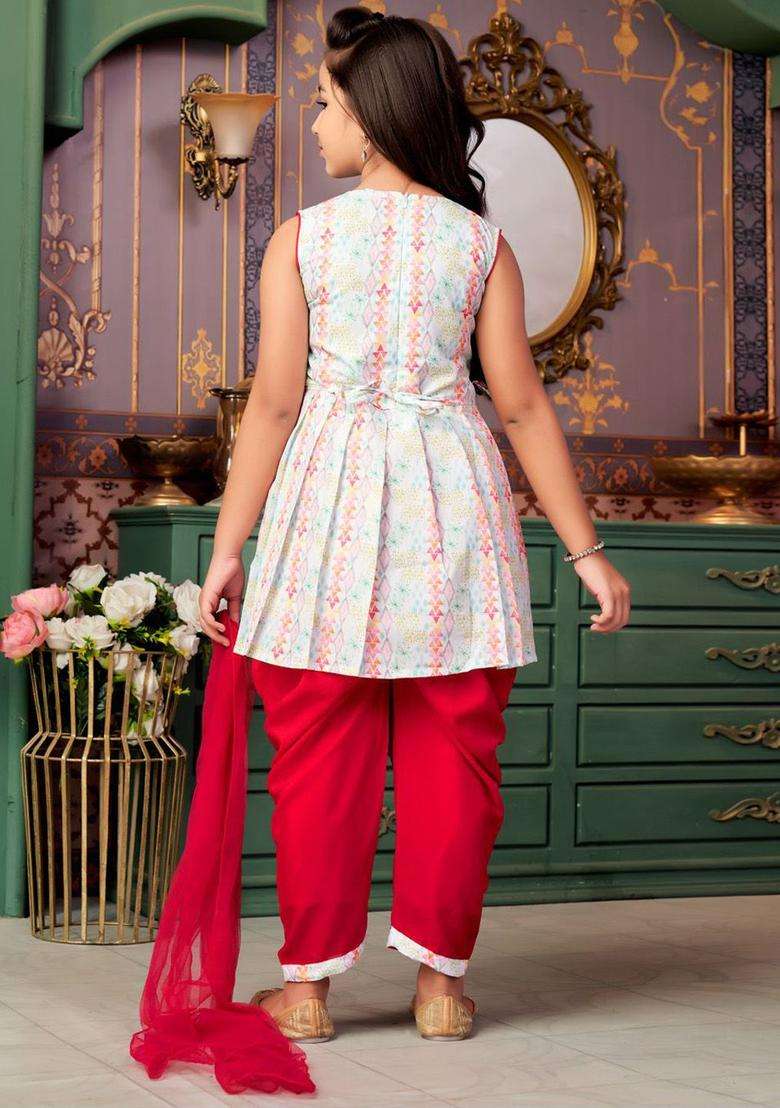 White Woven Design Crepe Kurta Set For Girls - Indya