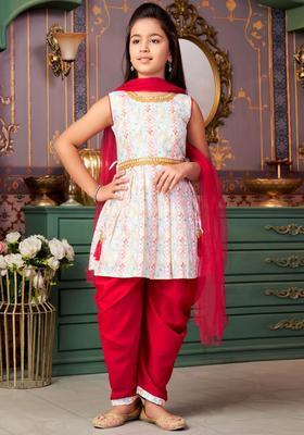White Printed Crepe Kurta Set For Girls