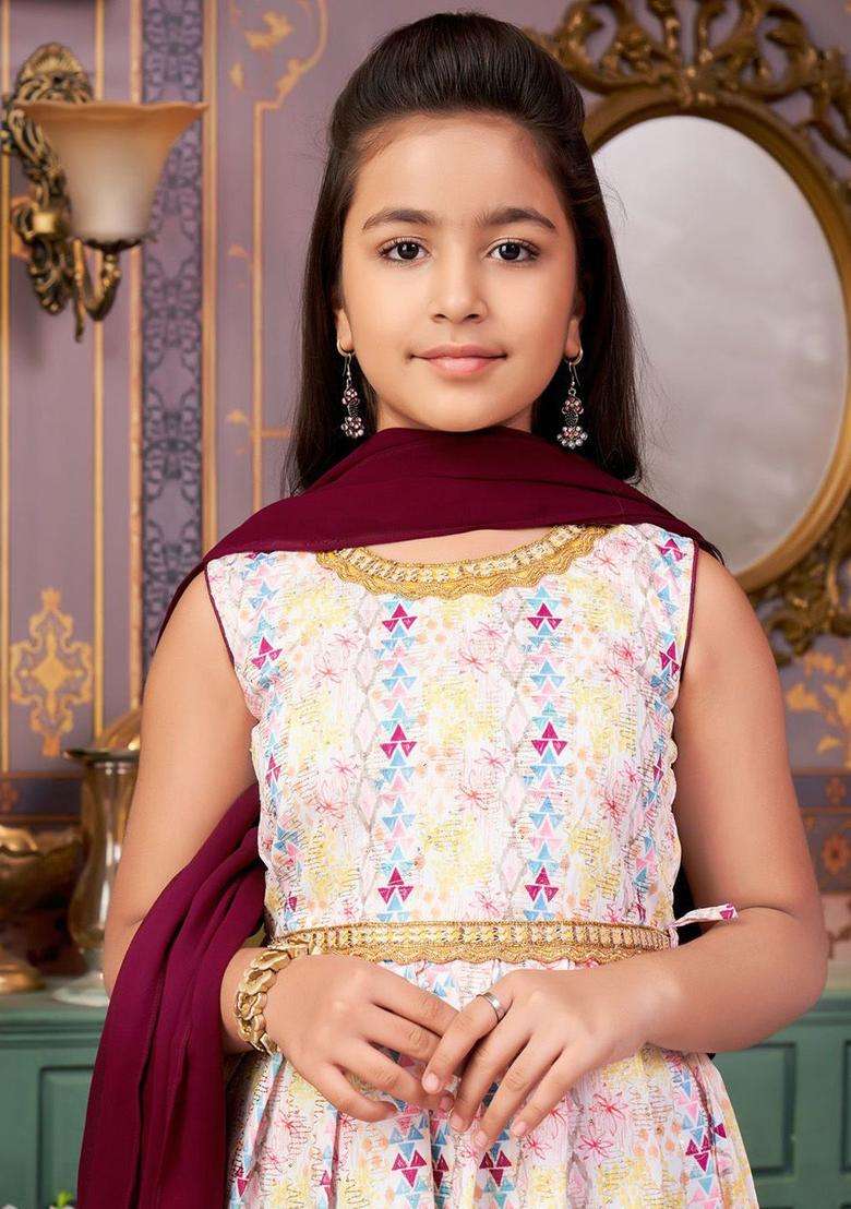 Purple Embroidered Crepe Kurta Set For Girls - Indya