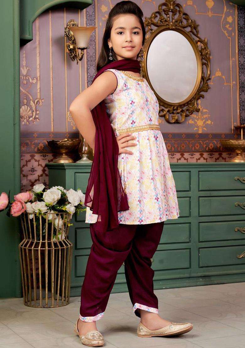 Purple Embroidered Crepe Kurta Set For Girls - Indya