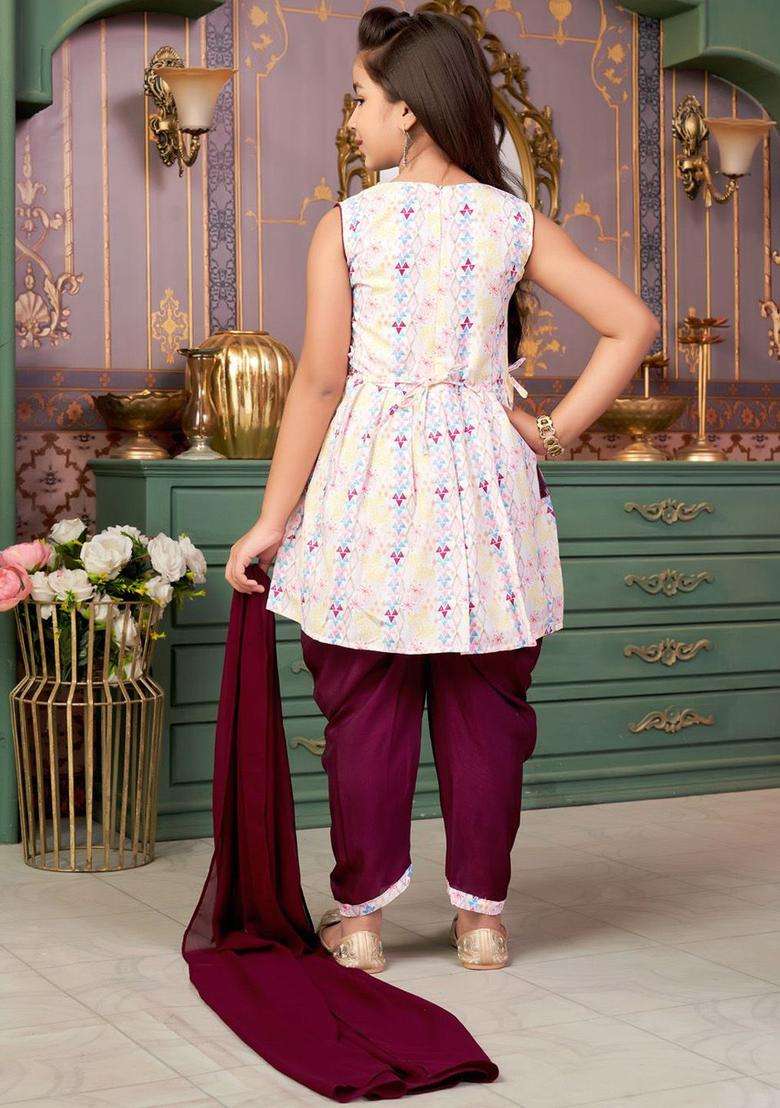 Purple Embroidered Crepe Kurta Set For Girls - Indya