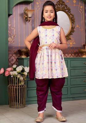 Purple Embroidered Crepe Kurta Set For Girls