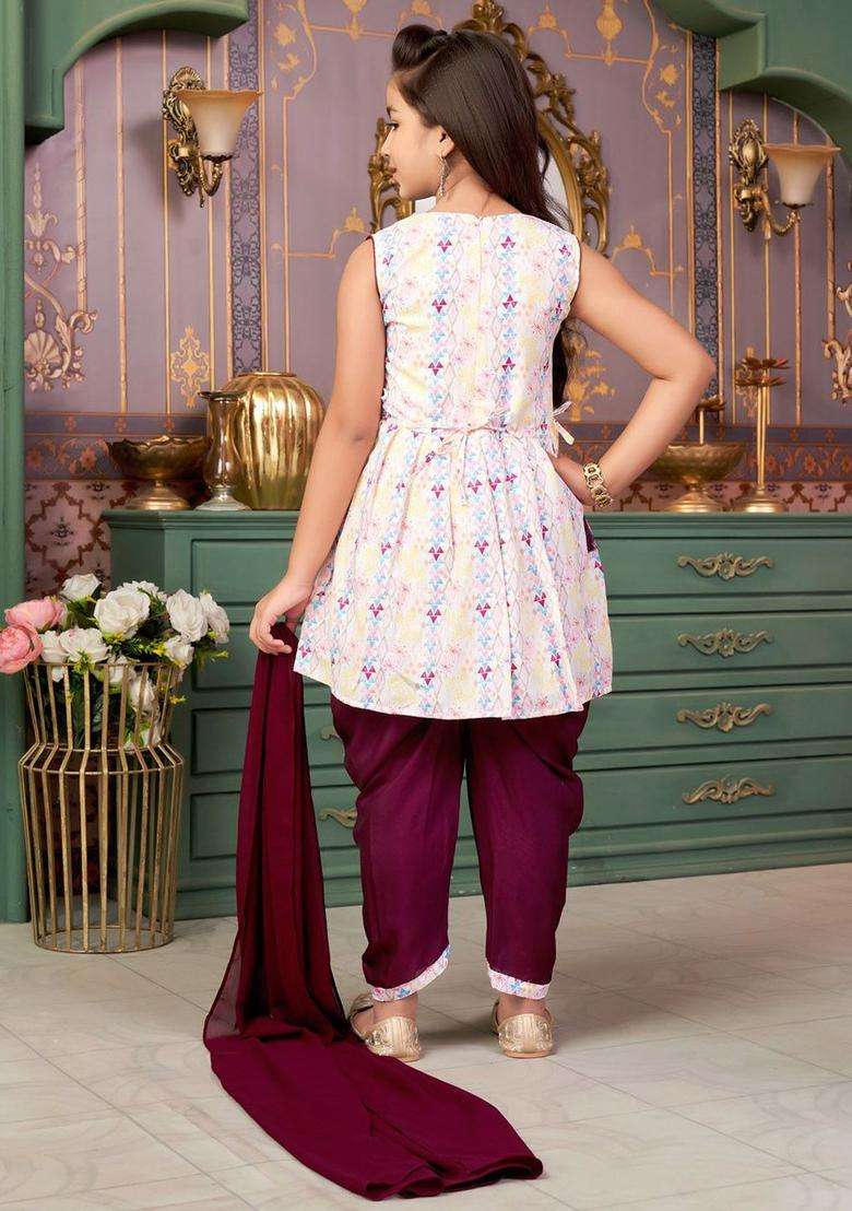 Purple Embroidered Crepe Kurta Set For Girls - Indya