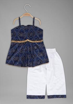 Navy Blue Printed Polyester Kurta Set For Girls