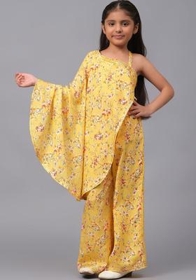 Yellow Self Design Crepe Kurta Set For Girls