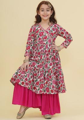 Off White Printed Cotton Kurta Set For Girls
