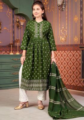 Green Printed Viscose Kurta Set For Girls