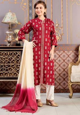 Maroon Solid Viscose Kurta Set For Girls