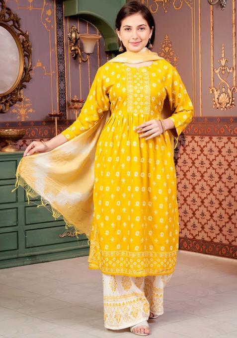 Yellow Printed Viscose Kurta Set For Girls — view on Indya