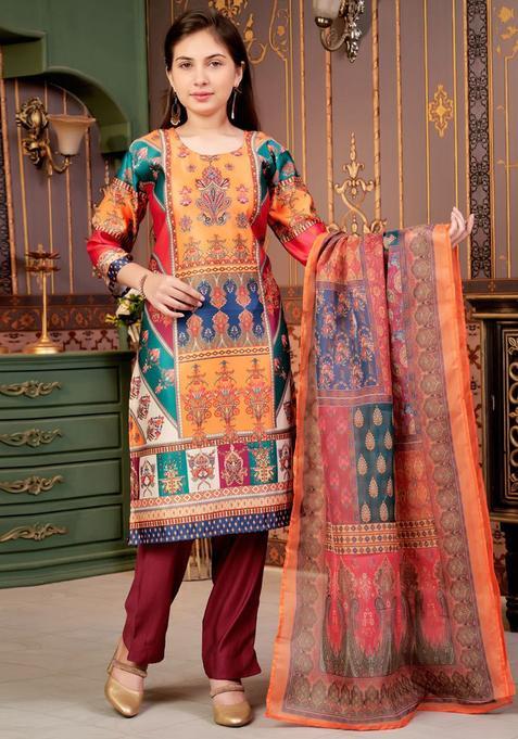 Green Printed Satin Kurta Set For Girls — view on Indya