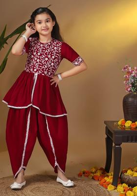 Maroon Printed Silk Kurta Set For Girls