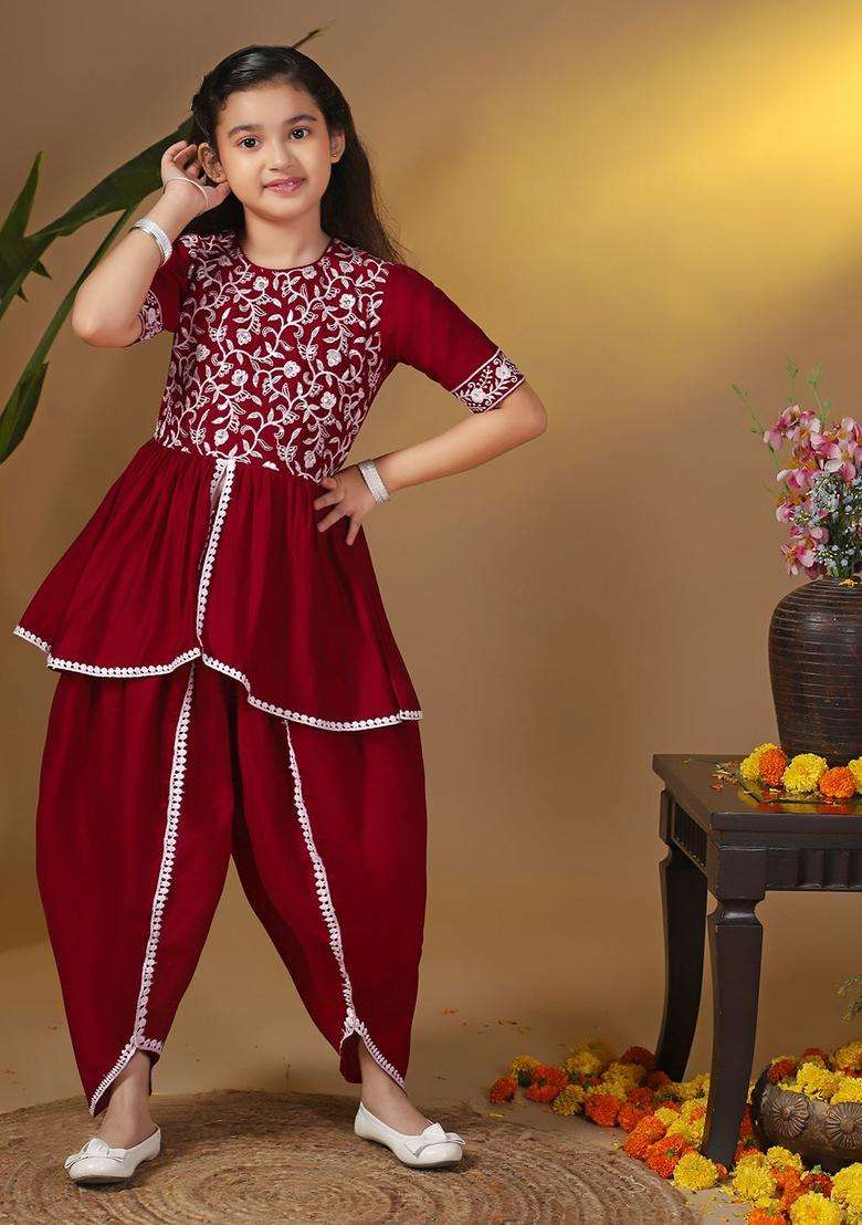 Maroon Printed Silk Kurta Set For Girls - Indya