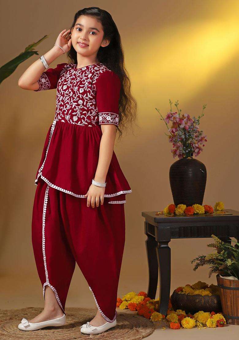 Maroon Printed Silk Kurta Set For Girls - Indya