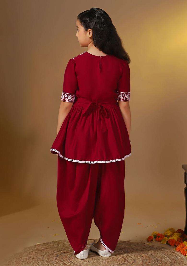 Maroon Printed Silk Kurta Set For Girls - Indya