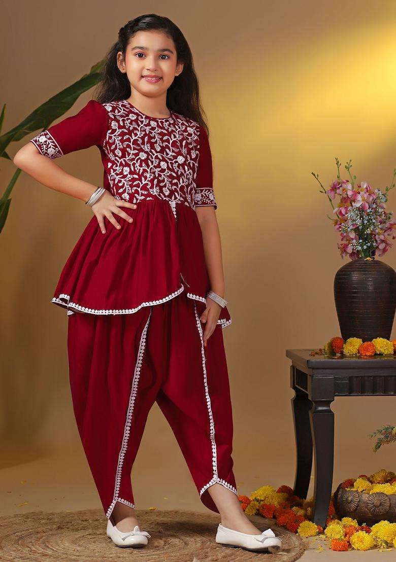 Maroon Printed Silk Kurta Set For Girls - Indya