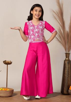Pink Embroidered Silk Kurta Set For Girls