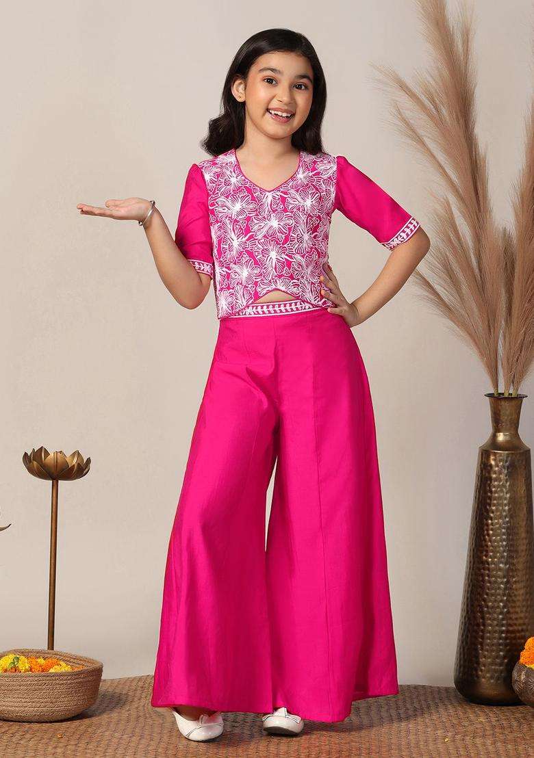 Pink Embroidered Silk Kurta Set For Girls - Indya