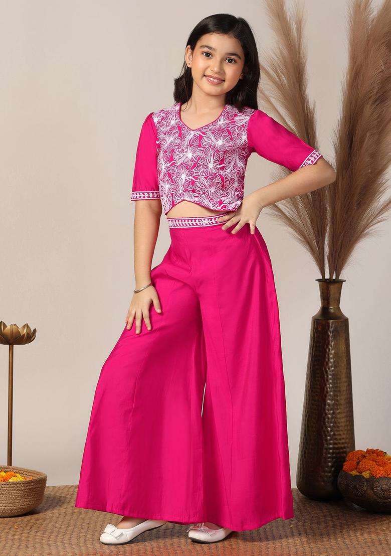 Pink Embroidered Silk Kurta Set For Girls - Indya