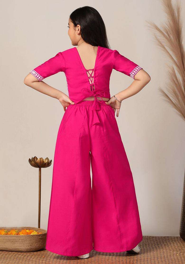 Pink Embroidered Silk Kurta Set For Girls - Indya