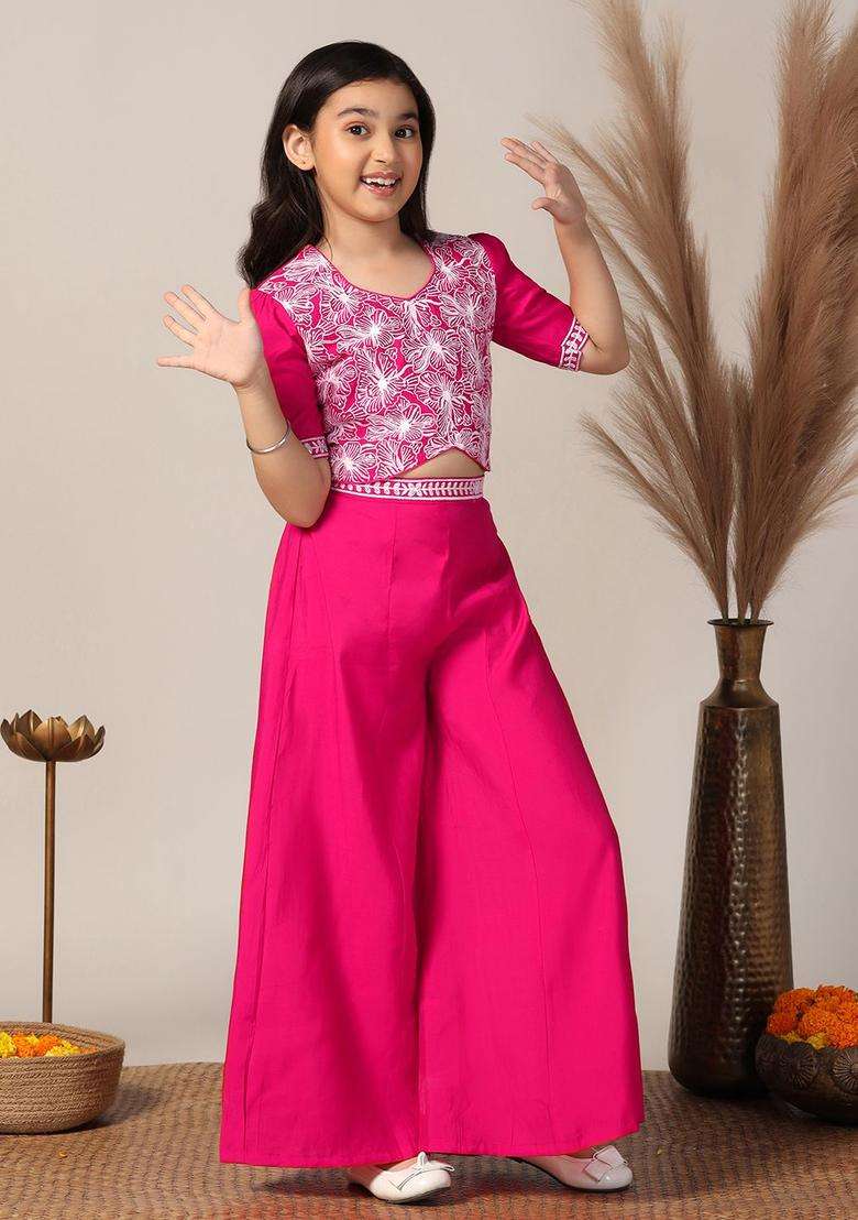 Pink Embroidered Silk Kurta Set For Girls - Indya