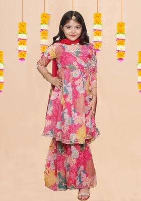 Pink Printed Silk Kurta Set For Girls