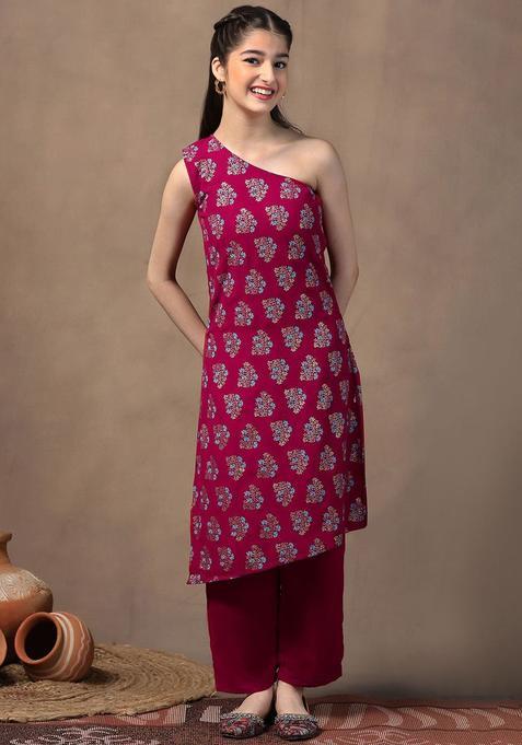 Maroon Printed Georgette Kurta Set For Girls — view on Indya