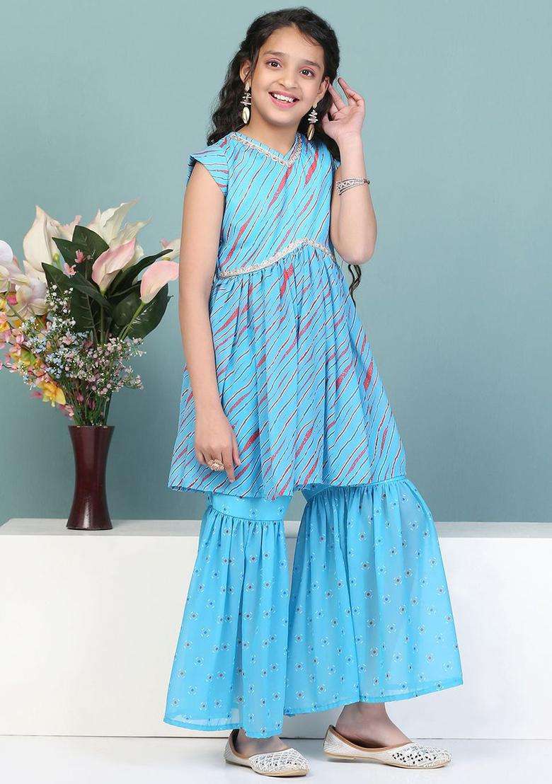 Blue Printed Georgette Kurta Set For Girls - Indya