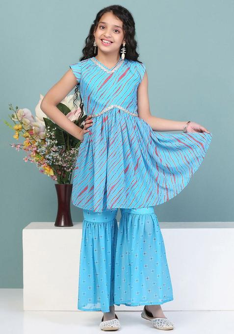 Blue Printed Georgette Kurta Set For Girls — view on Indya