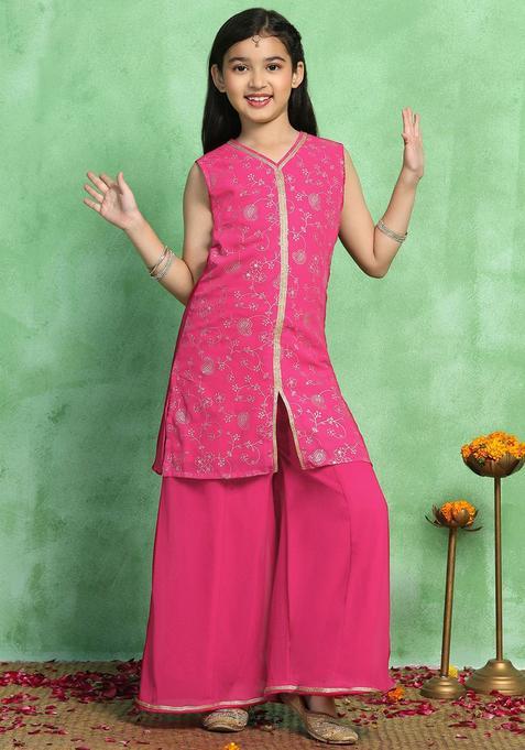 Pink Printed Georgette Kurta Set For Girls — view on Indya