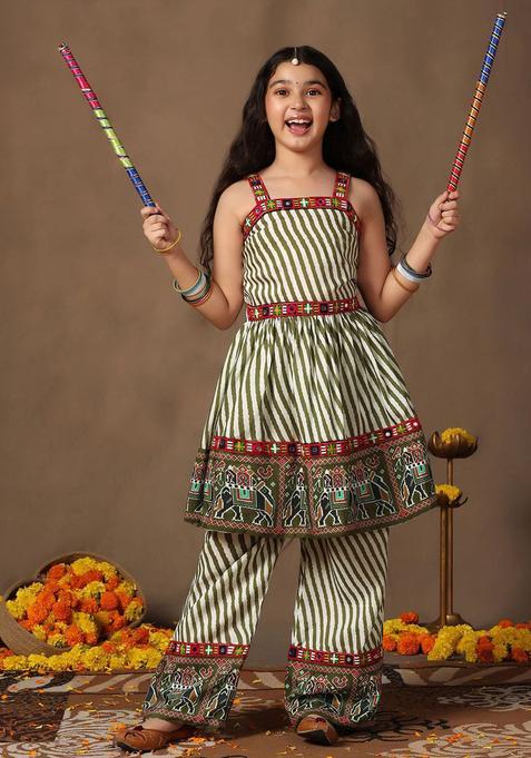 Green Striped Cotton Kurta Set For Girls — view on Indya