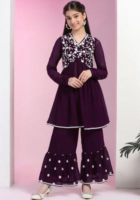 Purple Embroidered Georgette Kurta Set For Girls
