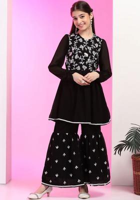 Black Embroidered Georgette Kurta Set For Girls