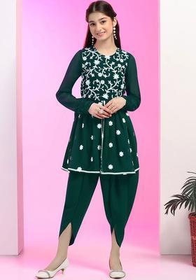 Green Embroidered Georgette Kurta Set For Girls