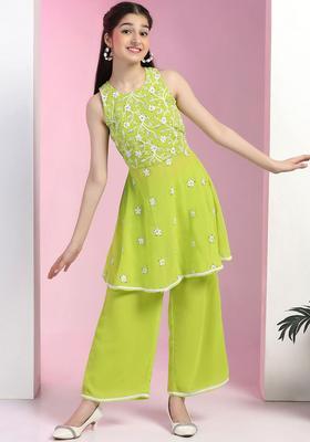 Lime Green Embroidered Georgette Kurta Set For Girls
