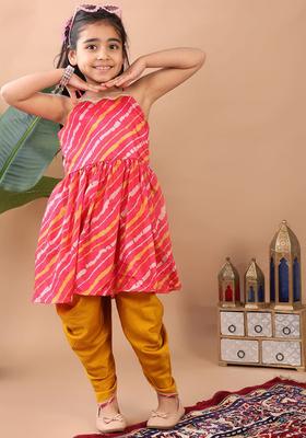 Pink Printed Chinon Kurta Set For Girls