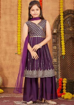 Purple Embroidered Georgette Kurta Set For Girls